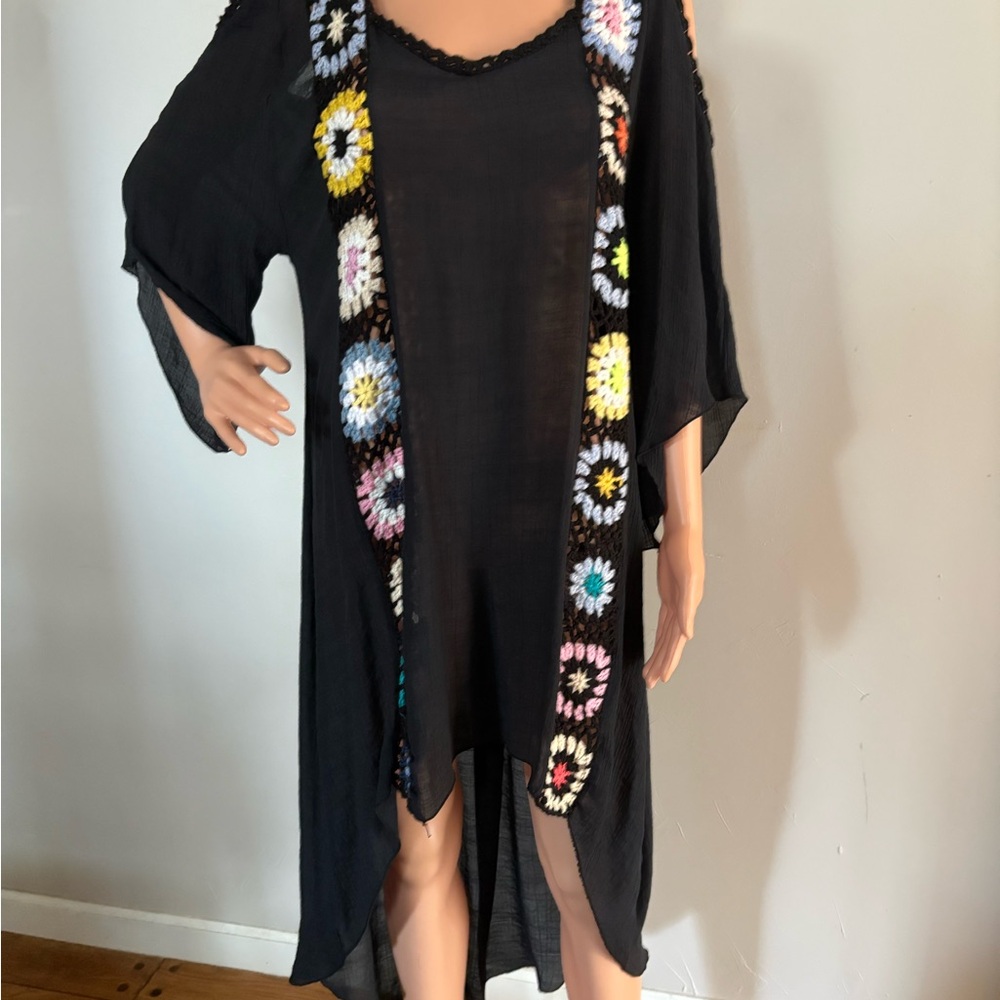 Cellabie Black Kimono with Floral Crochet